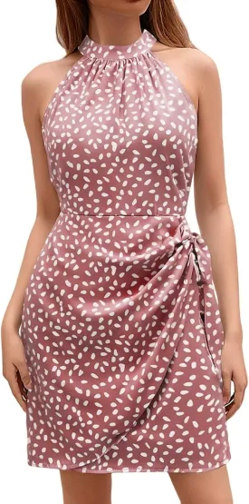 Dot Print midi Dress Summer Halter Sleeveless a line Sundress Casual Tie Waist Dress Zipper Back Vacation Beach Dresses