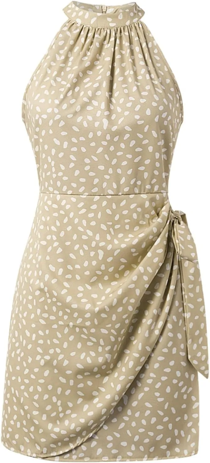 Dot Print midi Dress Summer Halter Sleeveless a line Sundress Casual Tie Waist Dress Zipper Back Vacation Beach Dresses
