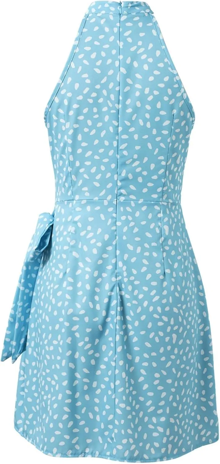 Dot Print midi Dress Summer Halter Sleeveless a line Sundress Casual Tie Waist Dress Zipper Back Vacation Beach Dresses