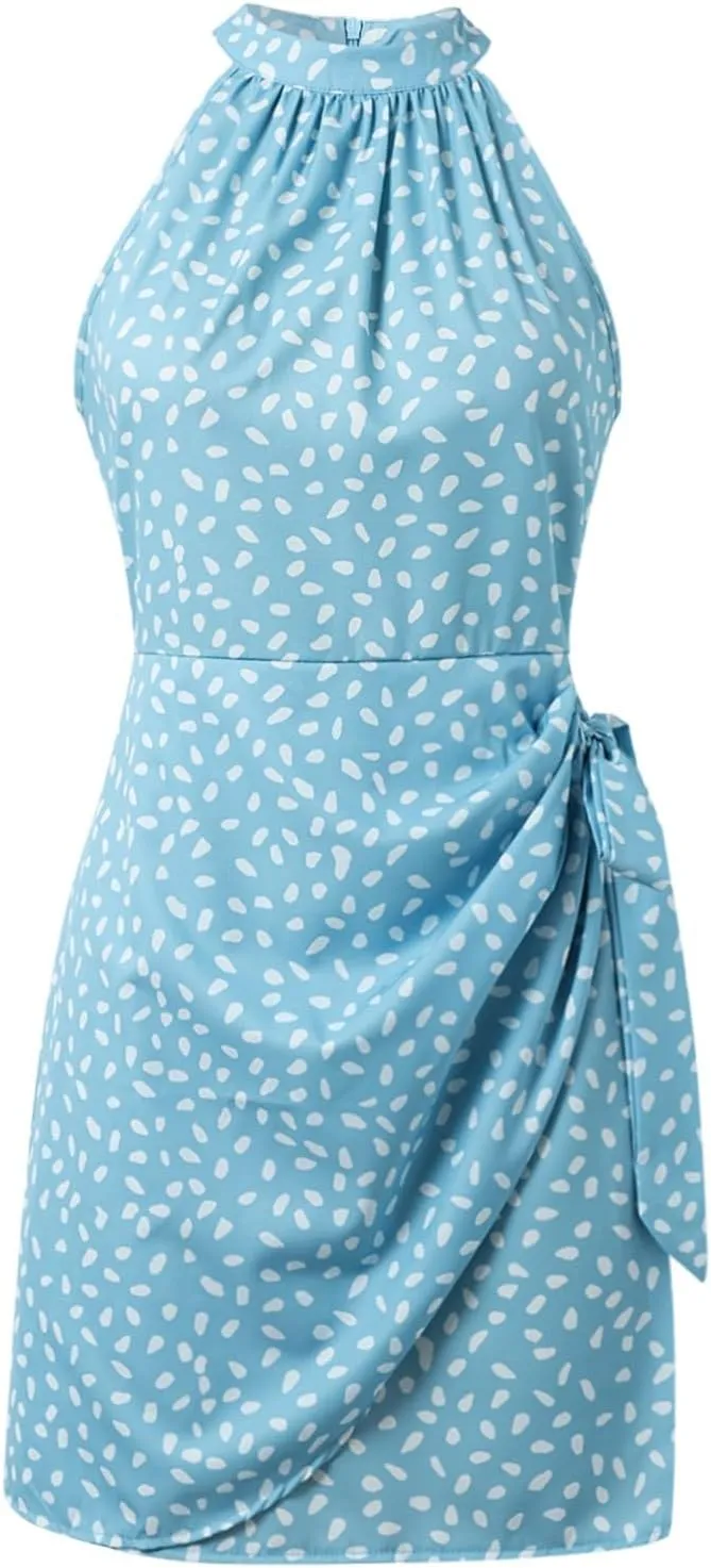 Dot Print midi Dress Summer Halter Sleeveless a line Sundress Casual Tie Waist Dress Zipper Back Vacation Beach Dresses