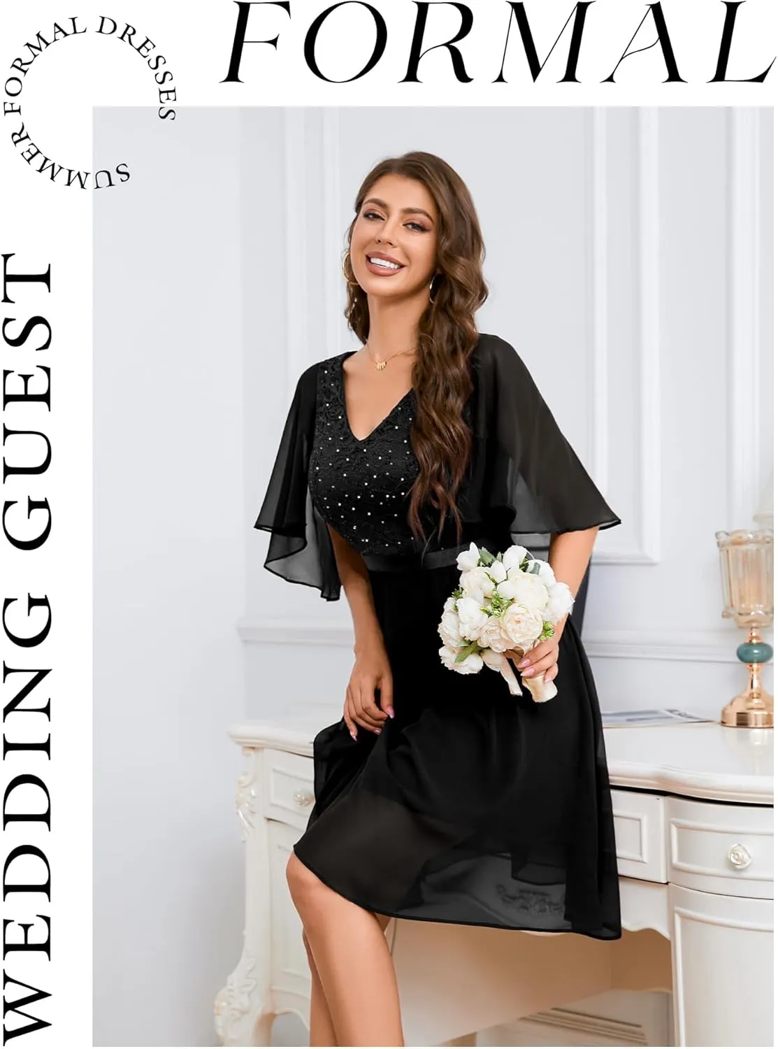 Dressystar Sequin Women Dresses Knee Length Dress Mother of The Bride Wedding Guest V-Neck Evening Formal Cocktail Gowns