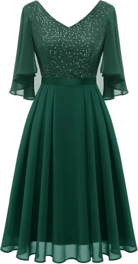 Dressystar Sequin Women Dresses Knee Length Dress Mother of The Bride Wedding Guest V-Neck Evening Formal Cocktail Gowns
