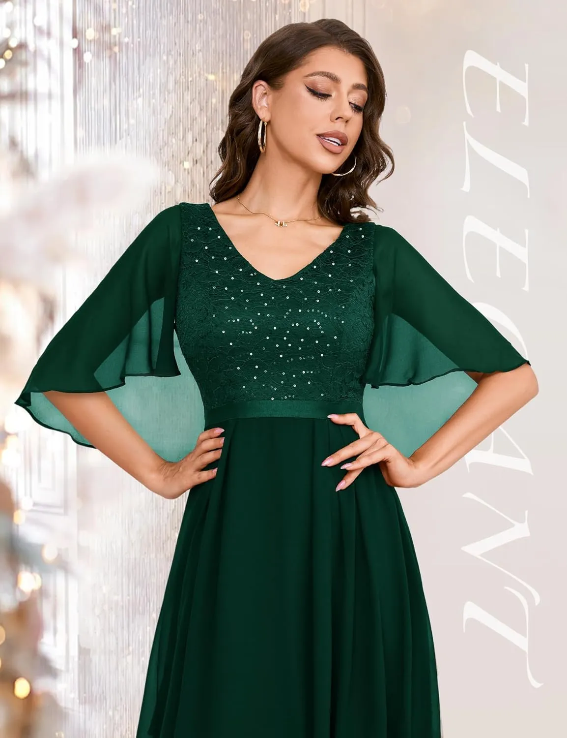 Dressystar Sequin Women Dresses Knee Length Dress Mother of The Bride Wedding Guest V-Neck Evening Formal Cocktail Gowns