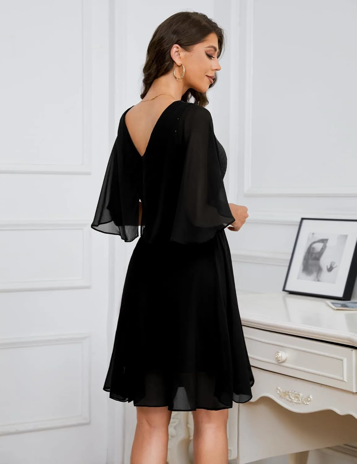 Dressystar Sequin Women Dresses Knee Length Dress Mother of The Bride Wedding Guest V-Neck Evening Formal Cocktail Gowns
