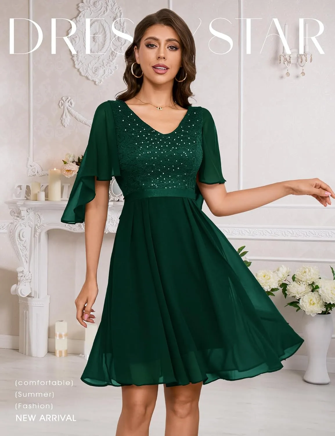 Dressystar Sequin Women Dresses Knee Length Dress Mother of The Bride Wedding Guest V-Neck Evening Formal Cocktail Gowns