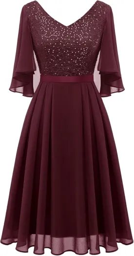 Dressystar Sequin Women Dresses Knee Length Dress Mother of The Bride Wedding Guest V-Neck Evening Formal Cocktail Gowns