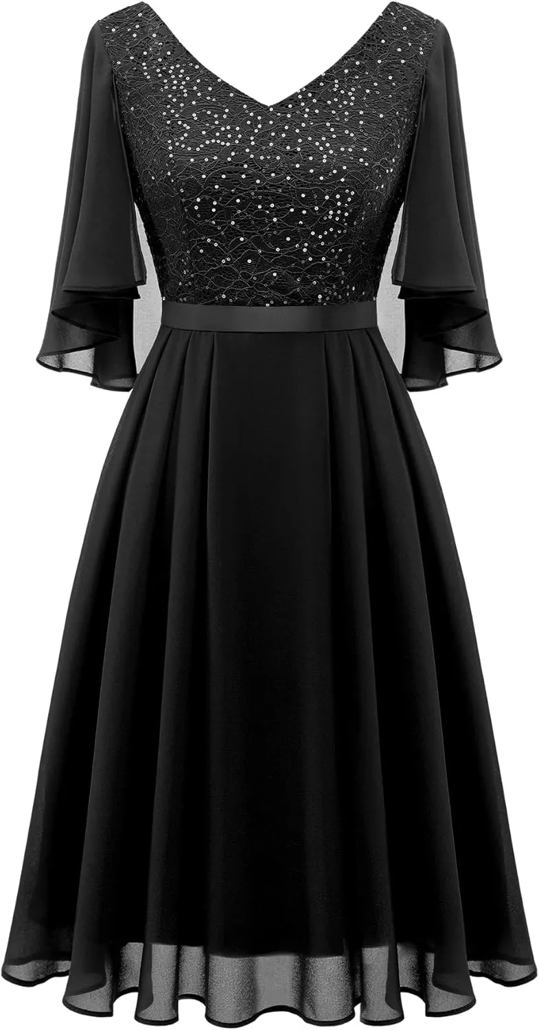 Dressystar Sequin Women Dresses Knee Length Dress Mother of The Bride Wedding Guest V-Neck Evening Formal Cocktail Gowns