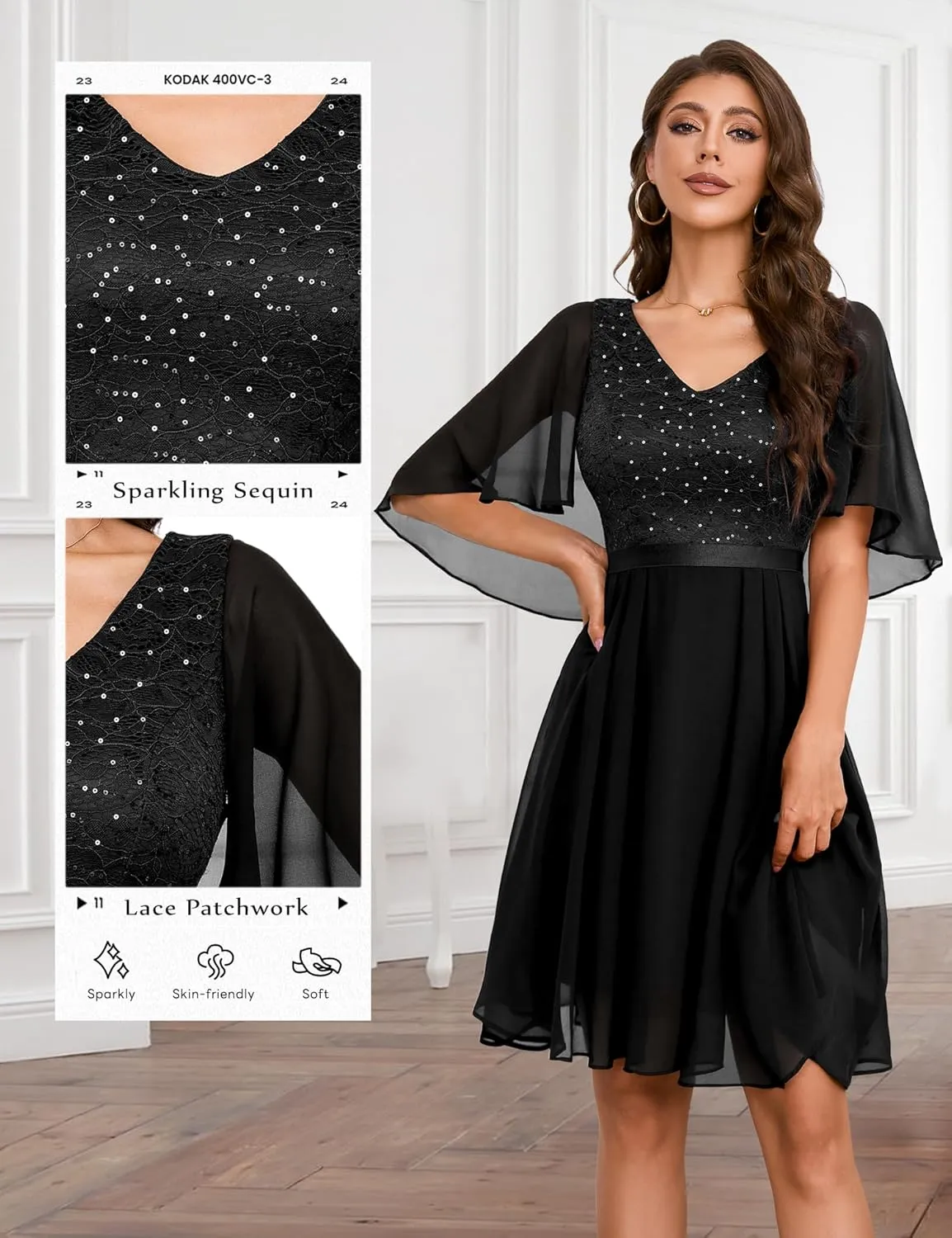 Dressystar Sequin Women Dresses Knee Length Dress Mother of The Bride Wedding Guest V-Neck Evening Formal Cocktail Gowns