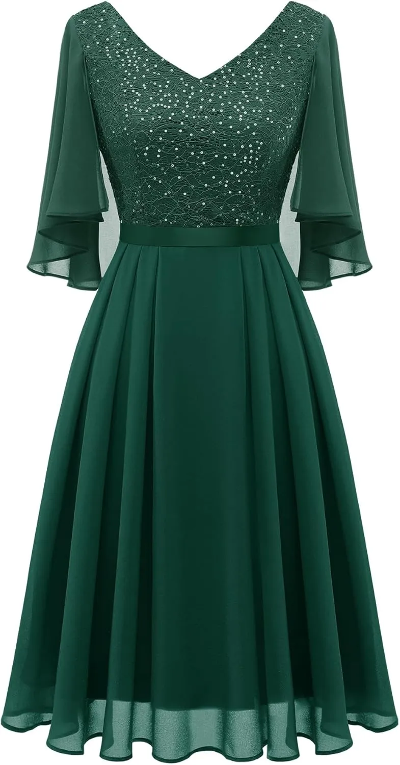 Dressystar Sequin Women Dresses Knee Length Dress Mother of The Bride Wedding Guest V-Neck Evening Formal Cocktail Gowns