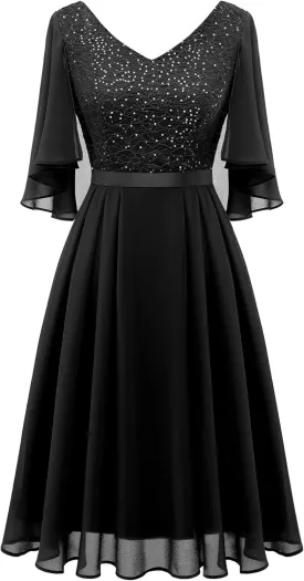 Dressystar Sequin Women Dresses Knee Length Dress Mother of The Bride Wedding Guest V-Neck Evening Formal Cocktail Gowns