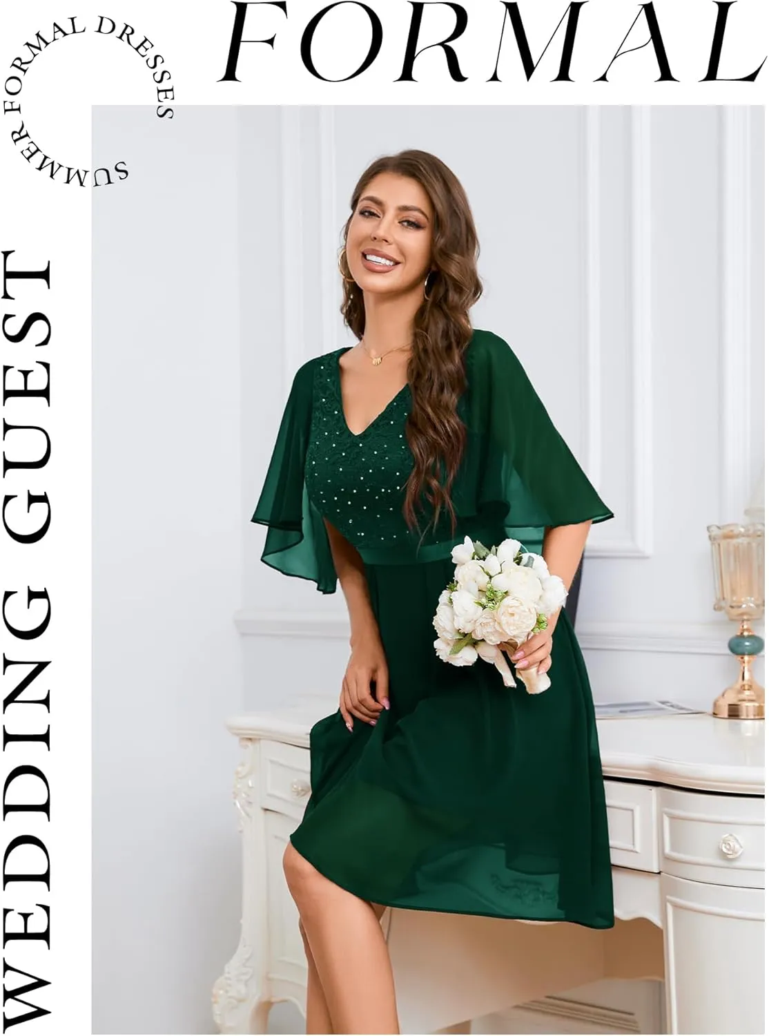 Dressystar Sequin Women Dresses Knee Length Dress Mother of The Bride Wedding Guest V-Neck Evening Formal Cocktail Gowns