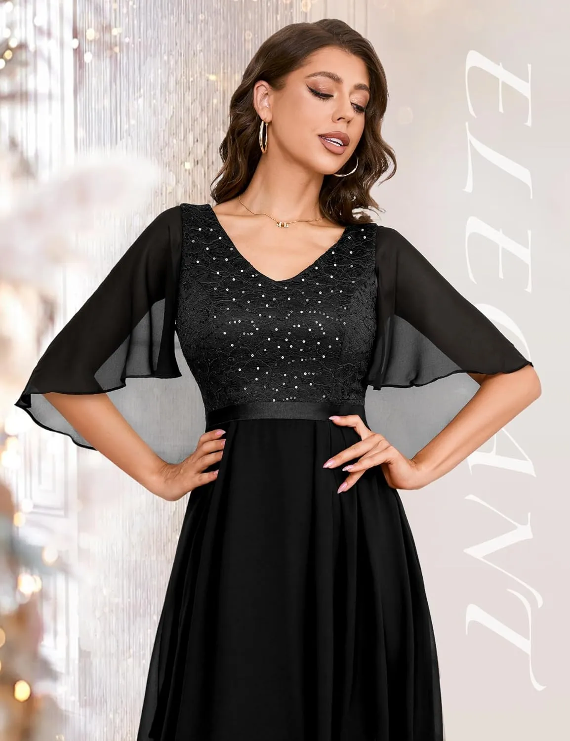 Dressystar Sequin Women Dresses Knee Length Dress Mother of The Bride Wedding Guest V-Neck Evening Formal Cocktail Gowns