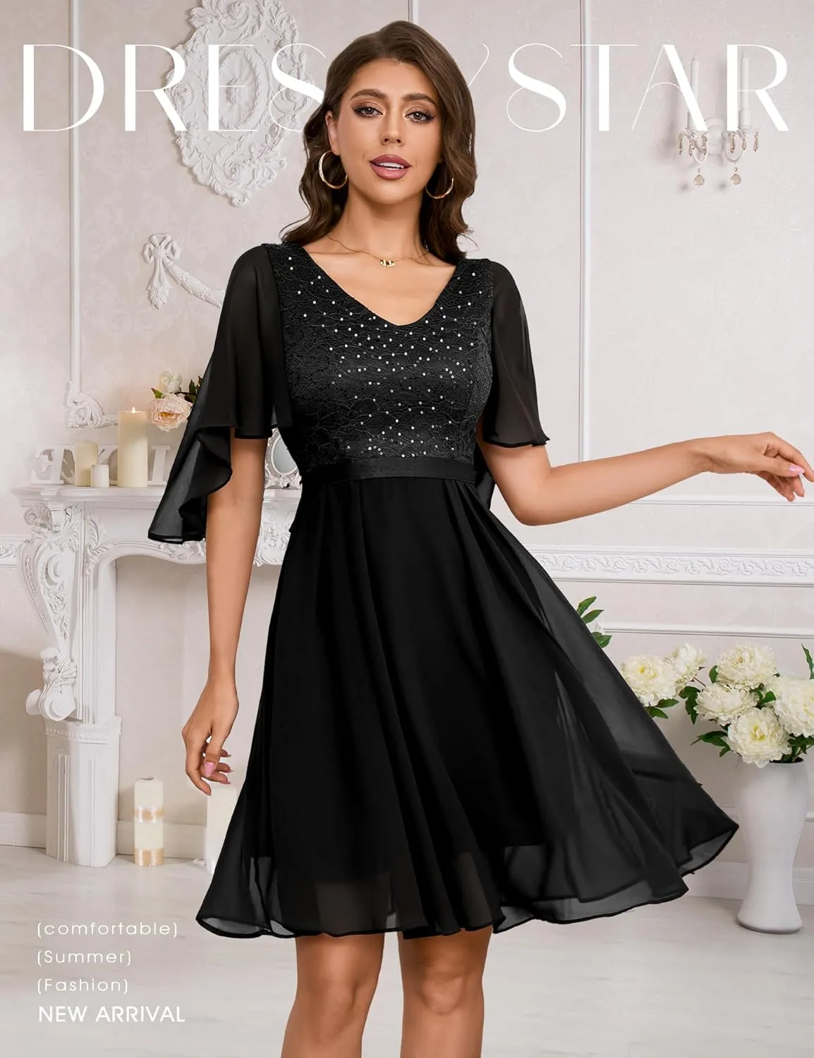 Dressystar Sequin Women Dresses Knee Length Dress Mother of The Bride Wedding Guest V-Neck Evening Formal Cocktail Gowns