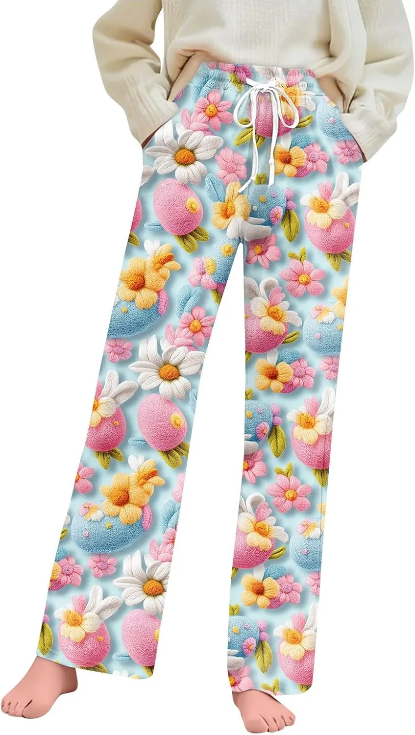 Easter 2025 Pajamas Pants for Women Wide Leg Casual Loose Lounge Print Pjs Pant Stretch Cute Sleep Bottoms Sleepwear