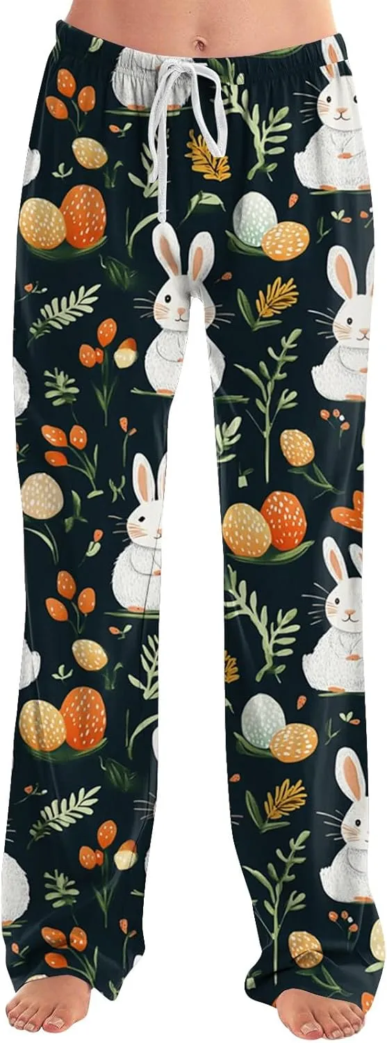Easter 2025 Pajamas Pants for Women Wide Leg Casual Loose Lounge Print Pjs Pant Stretch Cute Sleep Bottoms Sleepwear