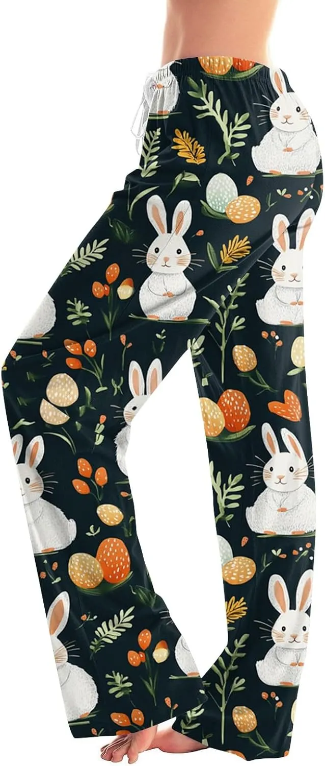 Easter 2025 Pajamas Pants for Women Wide Leg Casual Loose Lounge Print Pjs Pant Stretch Cute Sleep Bottoms Sleepwear