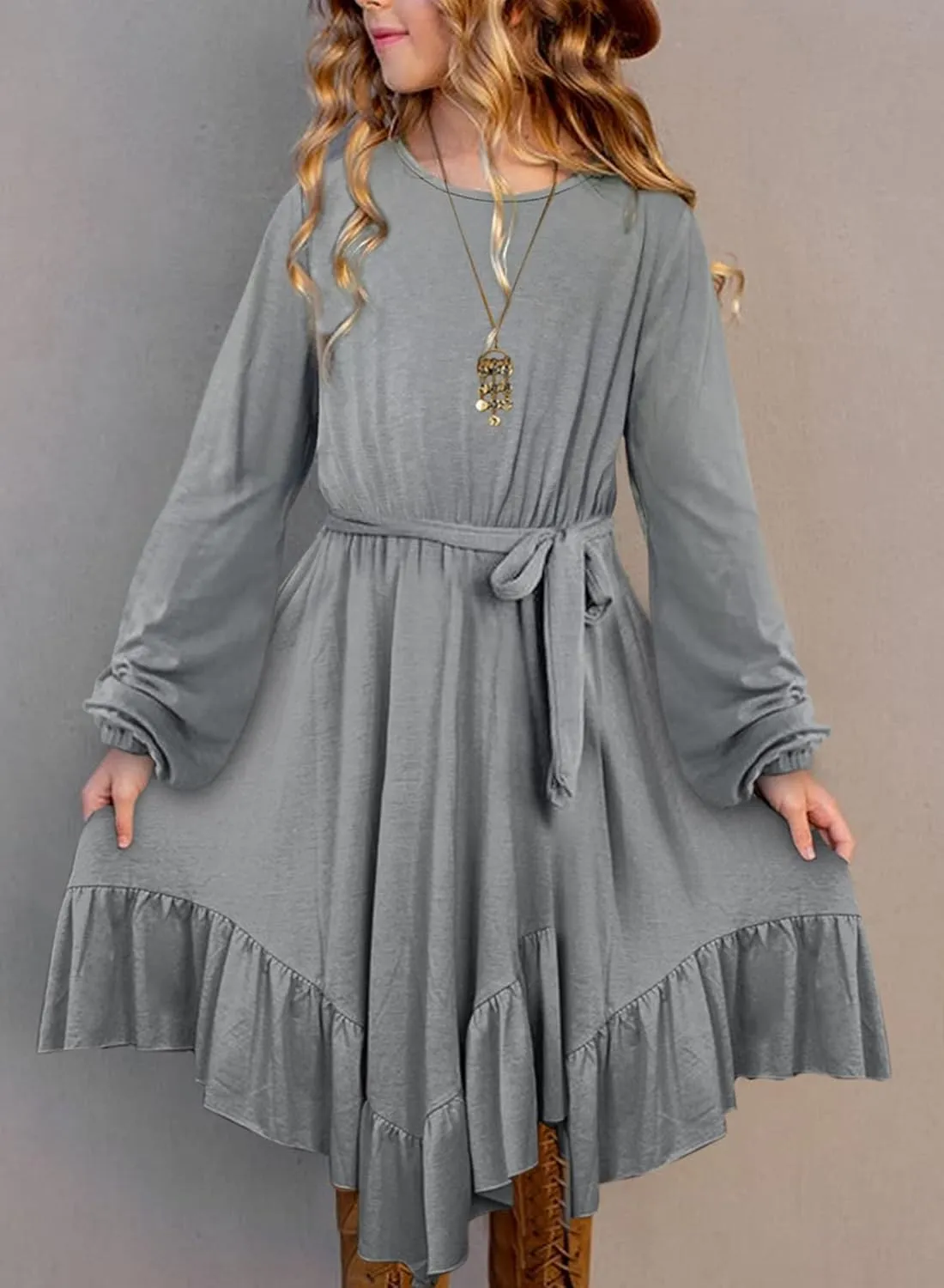 Ecokauer Girls Long Sleeve Floral Print Pleated Swing Casual Midi Dress with Pocket Size 4-13