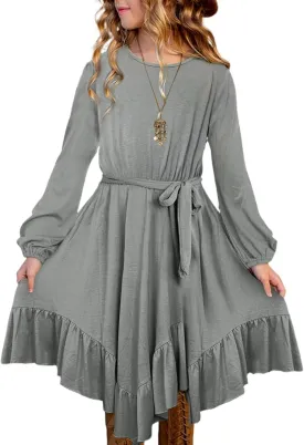 Ecokauer Girls Long Sleeve Floral Print Pleated Swing Casual Midi Dress with Pocket Size 4-13