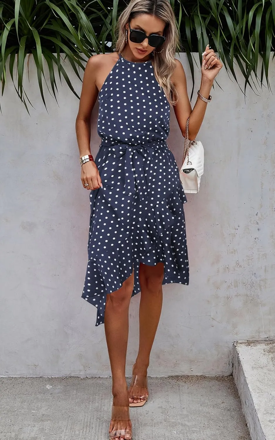 ECOWISH Polka Dot Women Summer Dress Flowy High Low Sleeveless Boho Floral Criss Cross Halterneck Cocktail Midi Sundress 2025