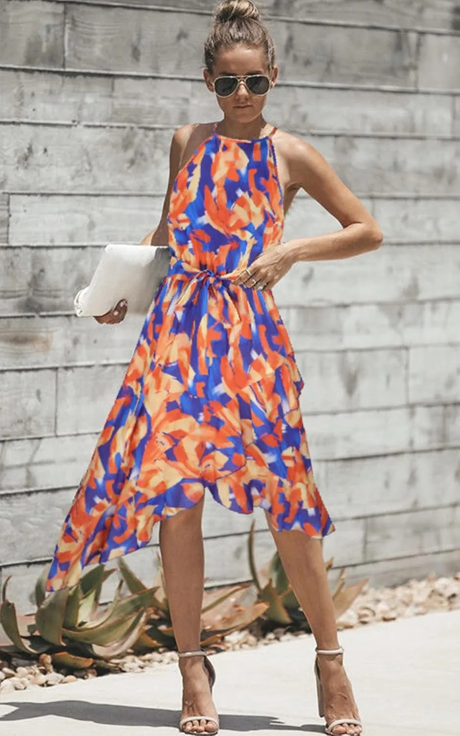 ECOWISH Polka Dot Women Summer Dress Flowy High Low Sleeveless Boho Floral Criss Cross Halterneck Cocktail Midi Sundress 2025