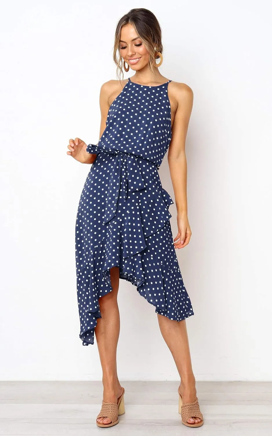 ECOWISH Polka Dot Women Summer Dress Flowy High Low Sleeveless Boho Floral Criss Cross Halterneck Cocktail Midi Sundress 2025