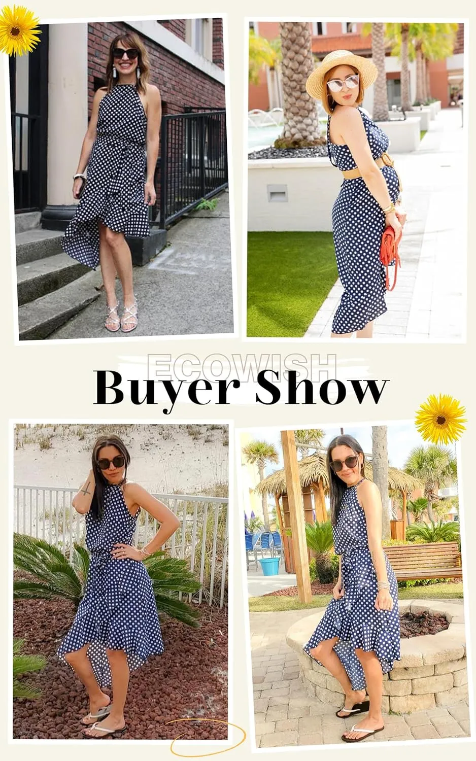 ECOWISH Polka Dot Women Summer Dress Flowy High Low Sleeveless Boho Floral Criss Cross Halterneck Cocktail Midi Sundress 2025