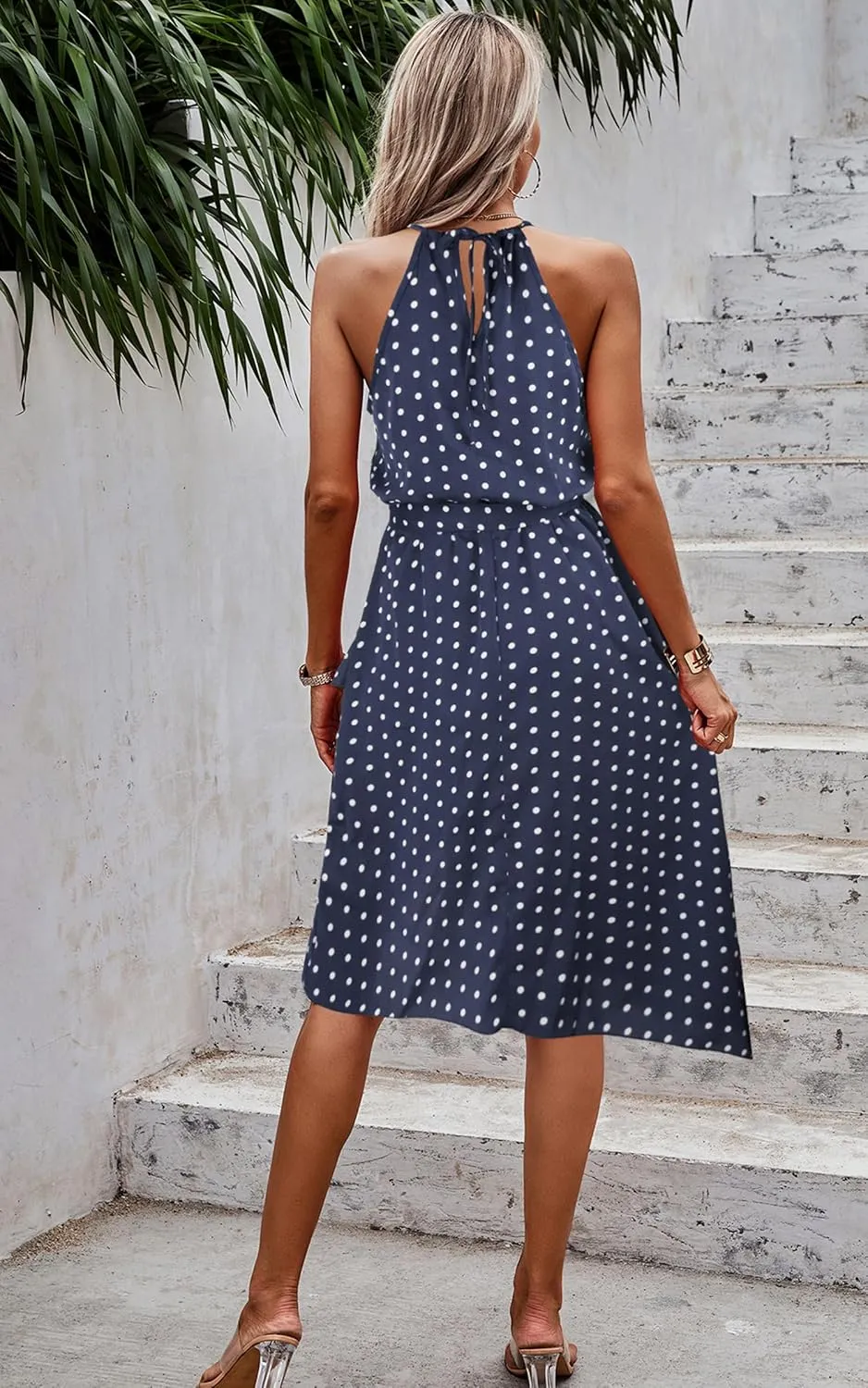 ECOWISH Polka Dot Women Summer Dress Flowy High Low Sleeveless Boho Floral Criss Cross Halterneck Cocktail Midi Sundress 2025