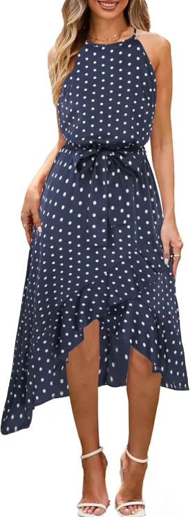 ECOWISH Polka Dot Women Summer Dress Flowy High Low Sleeveless Boho Floral Criss Cross Halterneck Cocktail Midi Sundress 2025
