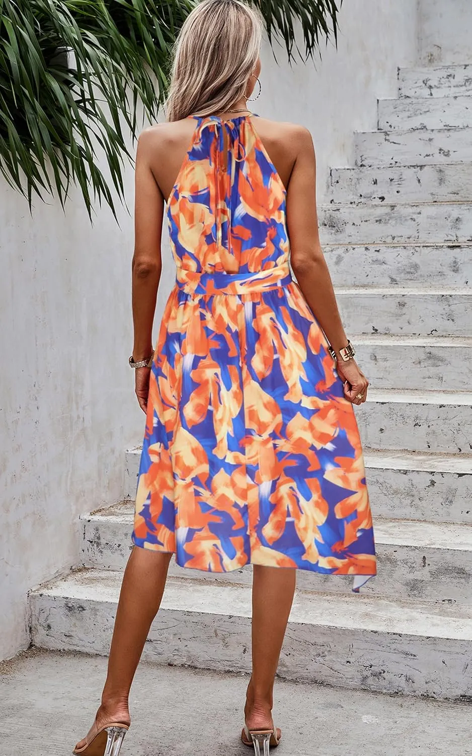 ECOWISH Polka Dot Women Summer Dress Flowy High Low Sleeveless Boho Floral Criss Cross Halterneck Cocktail Midi Sundress 2025