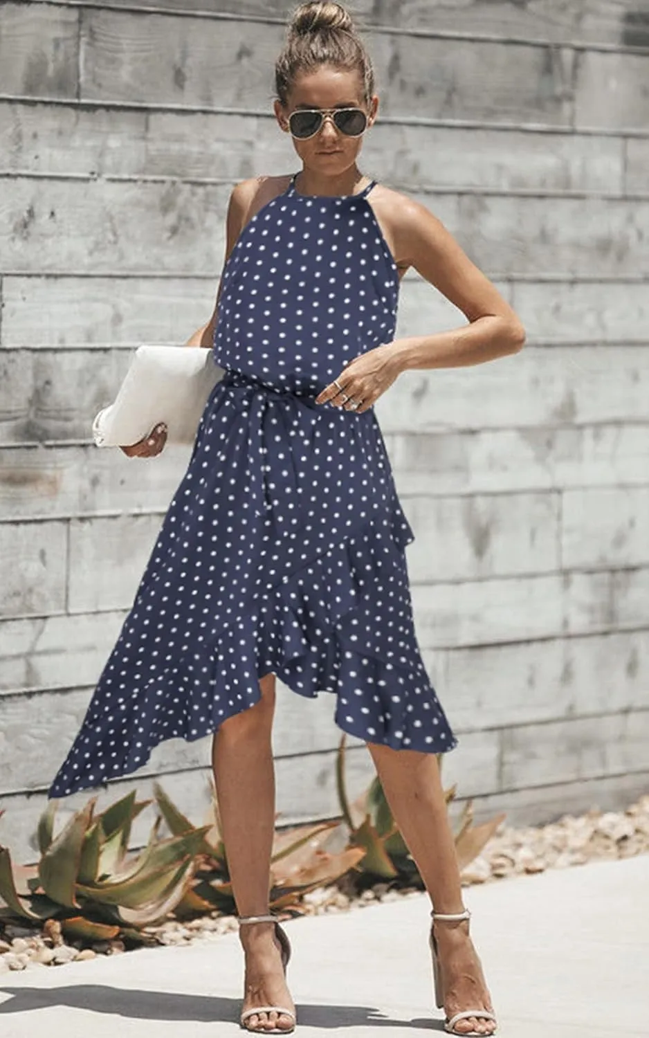 ECOWISH Polka Dot Women Summer Dress Flowy High Low Sleeveless Boho Floral Criss Cross Halterneck Cocktail Midi Sundress 2025