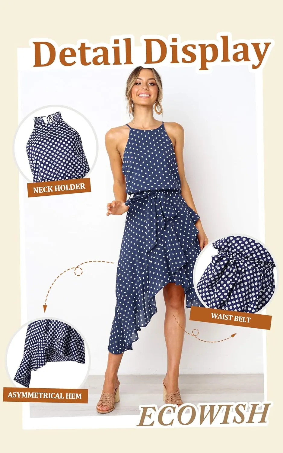 ECOWISH Polka Dot Women Summer Dress Flowy High Low Sleeveless Boho Floral Criss Cross Halterneck Cocktail Midi Sundress 2025