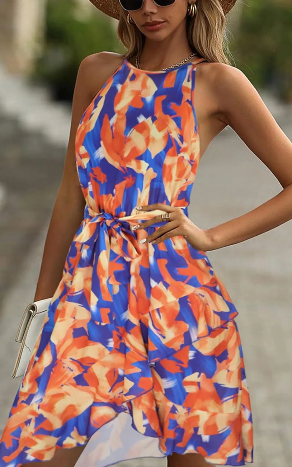 ECOWISH Polka Dot Women Summer Dress Flowy High Low Sleeveless Boho Floral Criss Cross Halterneck Cocktail Midi Sundress 2025