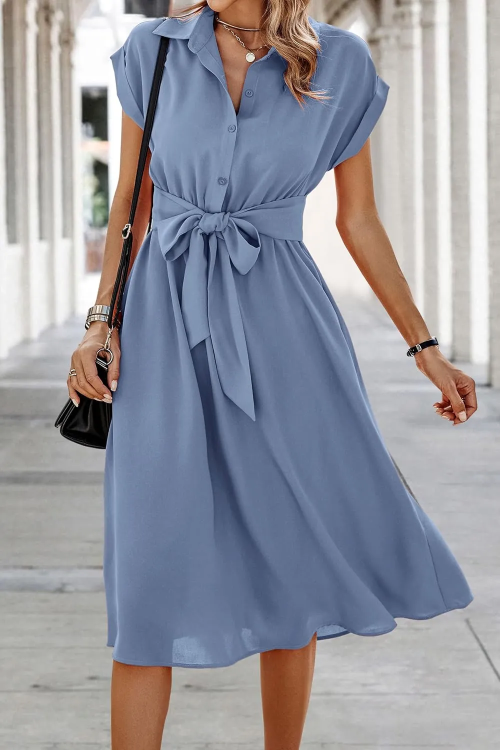 ECOWISH Womens Casual Midi Dresses Solid V Neck Short Sleeve Button Shirt Belted Dress with Pockets for Spring Summer 2025