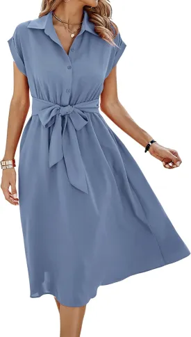 ECOWISH Womens Casual Midi Dresses Solid V Neck Short Sleeve Button Shirt Belted Dress with Pockets for Spring Summer 2025