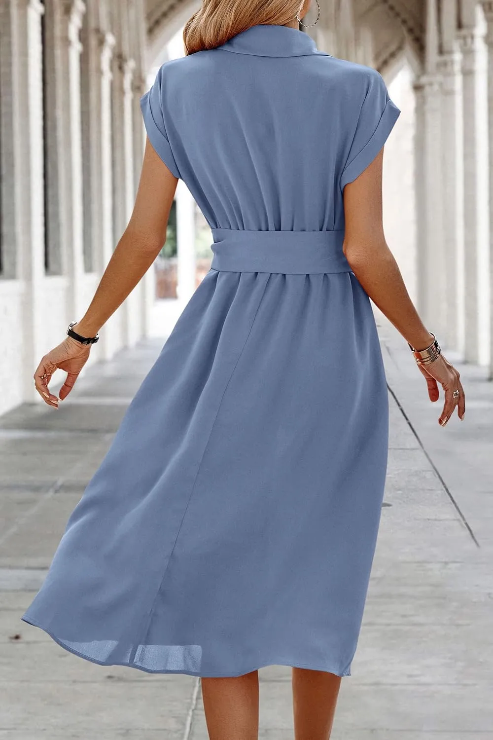 ECOWISH Womens Casual Midi Dresses Solid V Neck Short Sleeve Button Shirt Belted Dress with Pockets for Spring Summer 2025