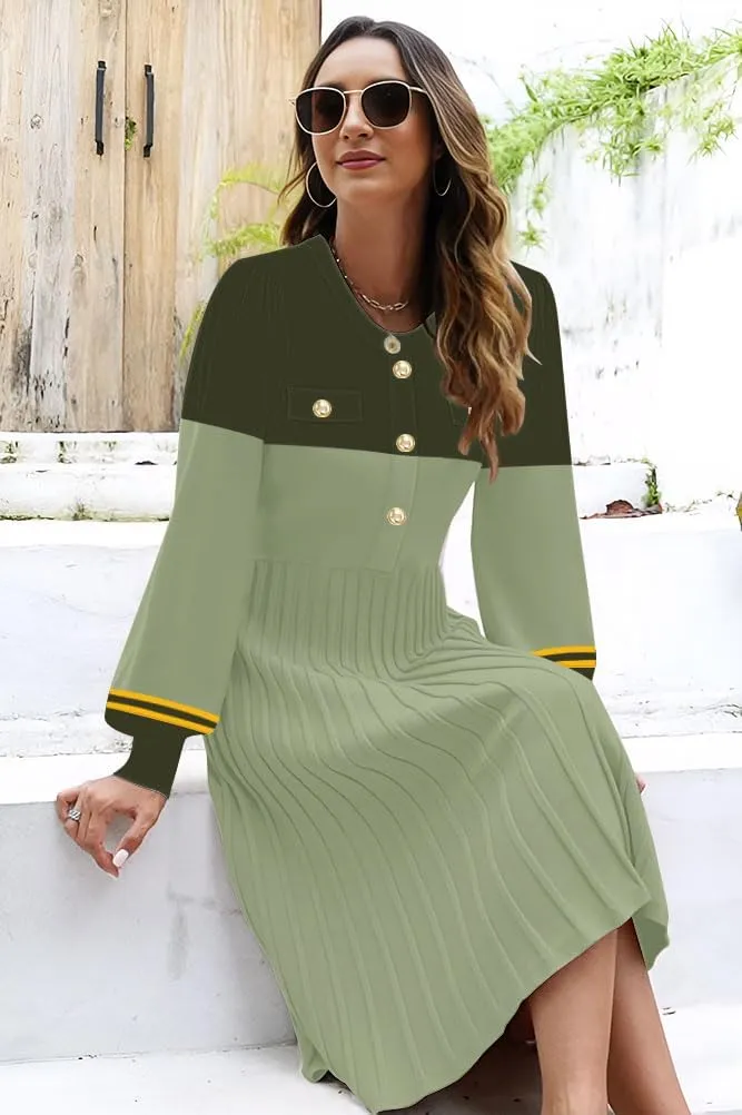 ETCYY Women's Casual Long Sleeve Midi Dress 2025 Striped Fall Sweater Work Button Pleated A Line Ribbed Knit Dresses