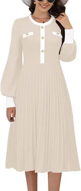 ETCYY Women's Casual Long Sleeve Midi Dress 2025 Striped Fall Sweater Work Button Pleated A Line Ribbed Knit Dresses
