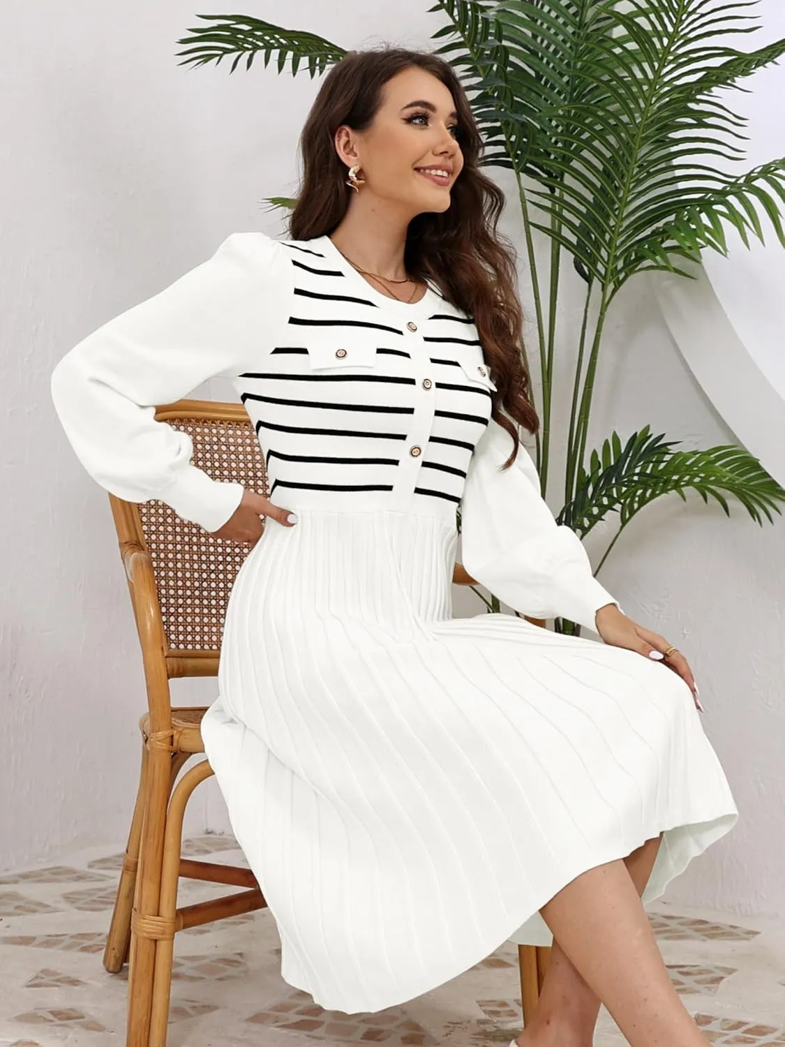 ETCYY Women's Casual Long Sleeve Midi Dress 2025 Striped Fall Sweater Work Button Pleated A Line Ribbed Knit Dresses