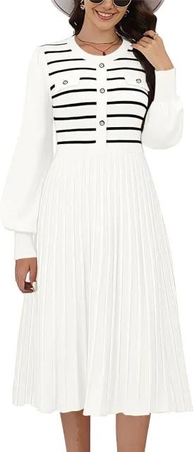 ETCYY Women's Casual Long Sleeve Midi Dress 2025 Striped Fall Sweater Work Button Pleated A Line Ribbed Knit Dresses