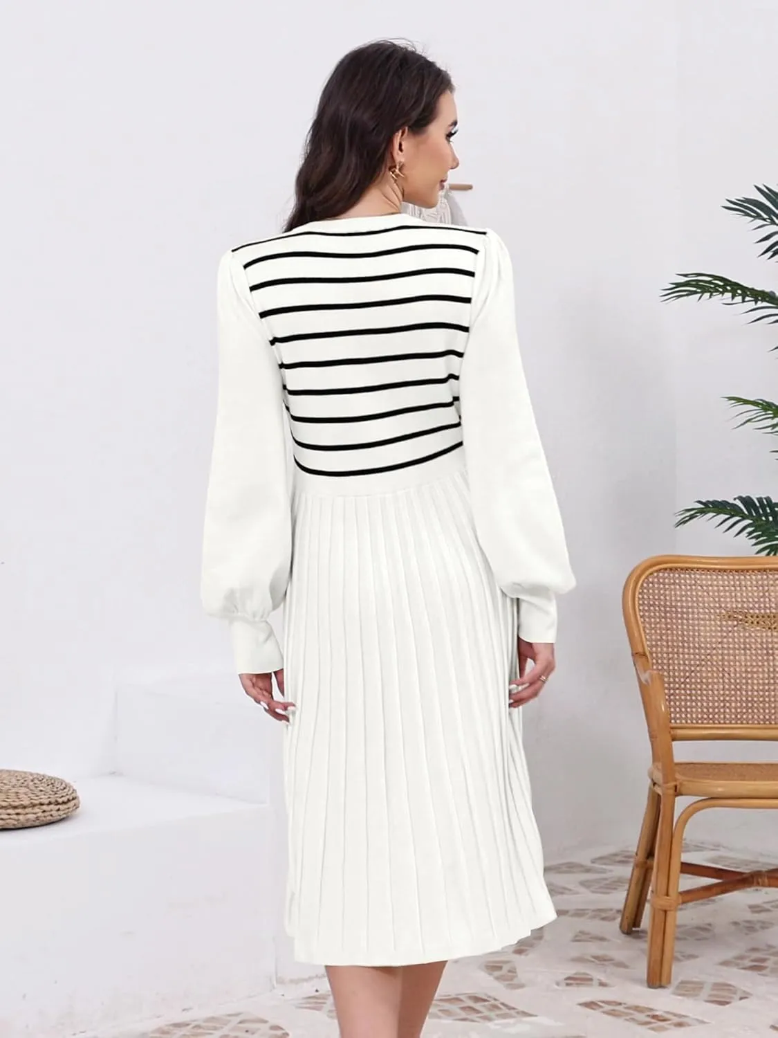 ETCYY Women's Casual Long Sleeve Midi Dress 2025 Striped Fall Sweater Work Button Pleated A Line Ribbed Knit Dresses