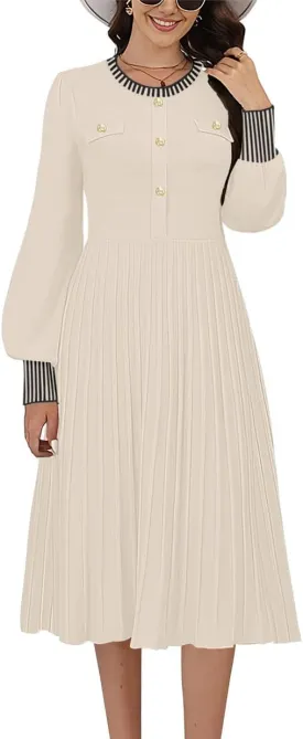 ETCYY Women's Casual Long Sleeve Midi Dress 2025 Striped Fall Sweater Work Button Pleated A Line Ribbed Knit Dresses