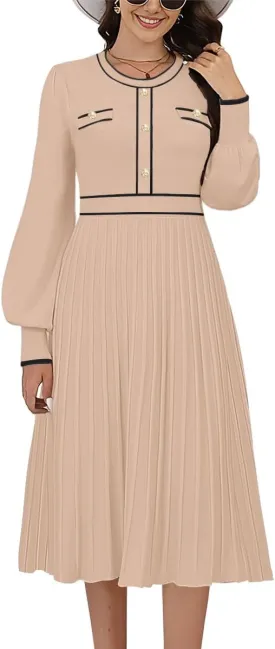 ETCYY Women's Casual Long Sleeve Midi Dress 2025 Striped Fall Sweater Work Button Pleated A Line Ribbed Knit Dresses
