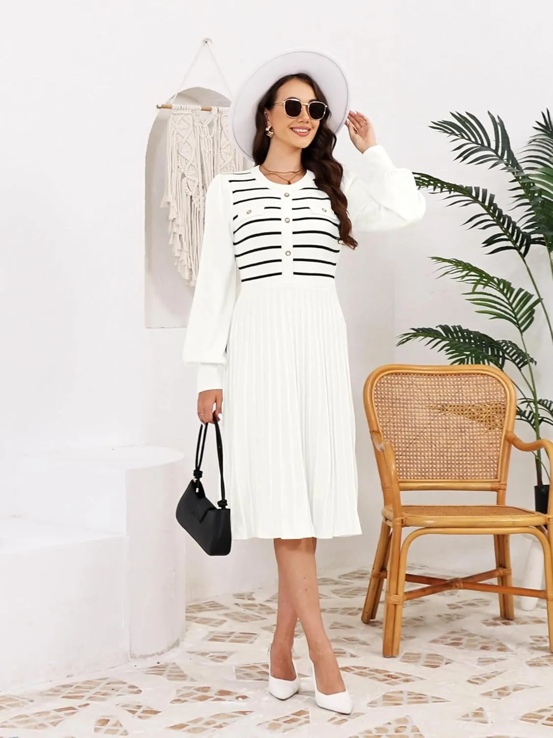 ETCYY Women's Casual Long Sleeve Midi Dress 2025 Striped Fall Sweater Work Button Pleated A Line Ribbed Knit Dresses