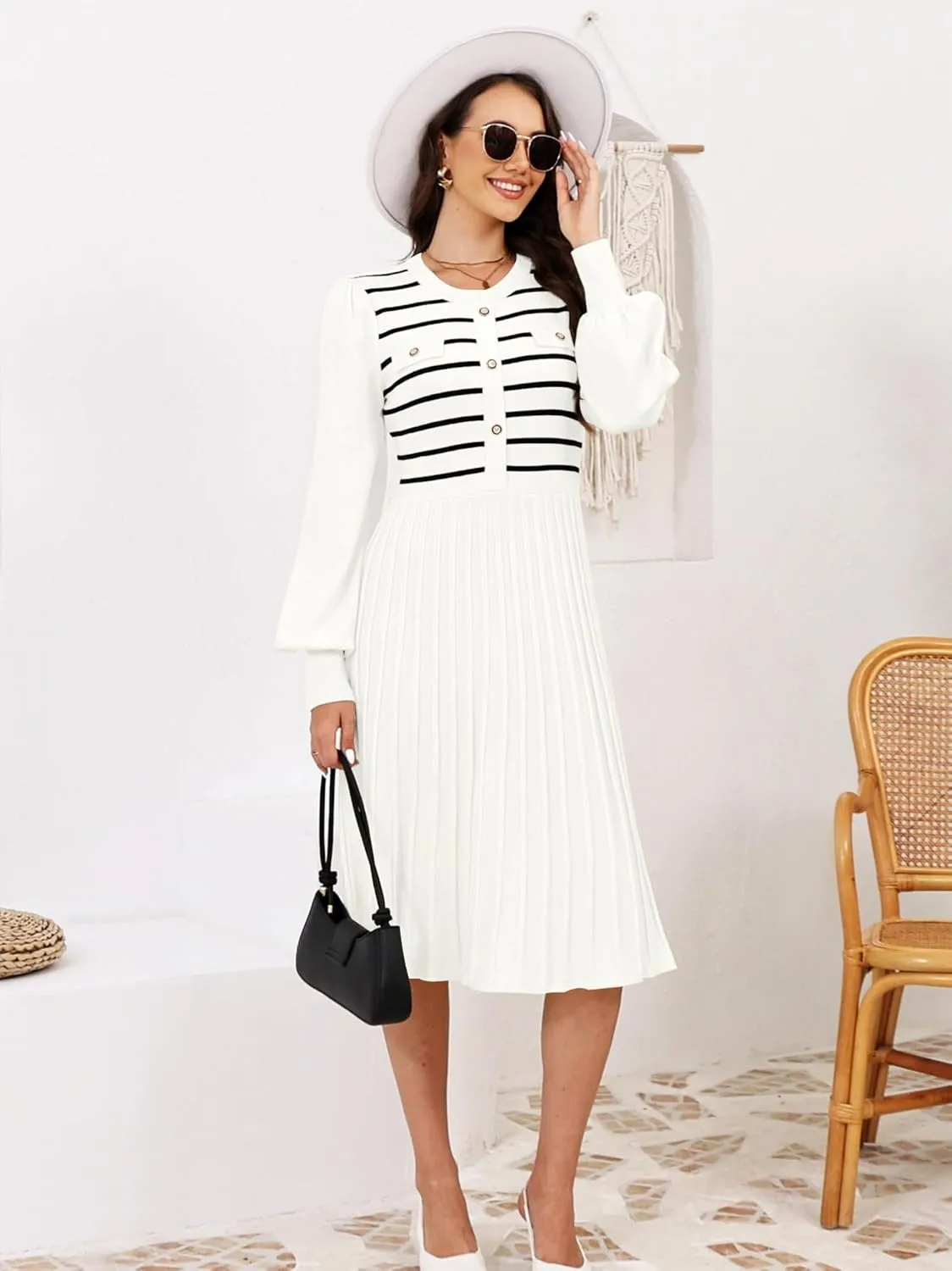 ETCYY Women's Casual Long Sleeve Midi Dress 2025 Striped Fall Sweater Work Button Pleated A Line Ribbed Knit Dresses