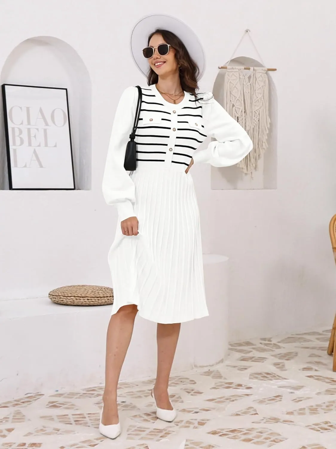 ETCYY Women's Casual Long Sleeve Midi Dress 2025 Striped Fall Sweater Work Button Pleated A Line Ribbed Knit Dresses
