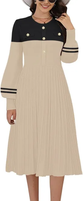 ETCYY Women's Casual Long Sleeve Midi Dress 2025 Striped Fall Sweater Work Button Pleated A Line Ribbed Knit Dresses