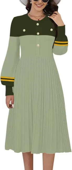 ETCYY Women's Casual Long Sleeve Midi Dress 2025 Striped Fall Sweater Work Button Pleated A Line Ribbed Knit Dresses
