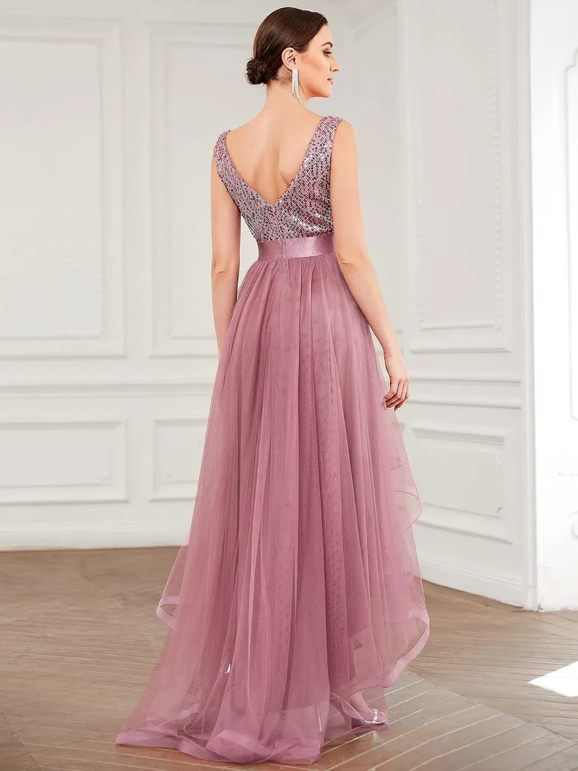 Ever-Pretty Women's Cocktail Dress Double V-Neck Sleeveless Empire Waist Sequin High Low Tulle Formal Dress 0147A