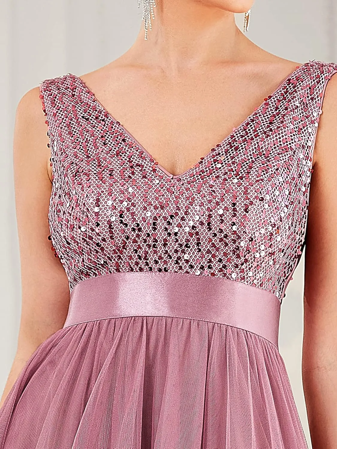 Ever-Pretty Women's Cocktail Dress Double V-Neck Sleeveless Empire Waist Sequin High Low Tulle Formal Dress 0147A