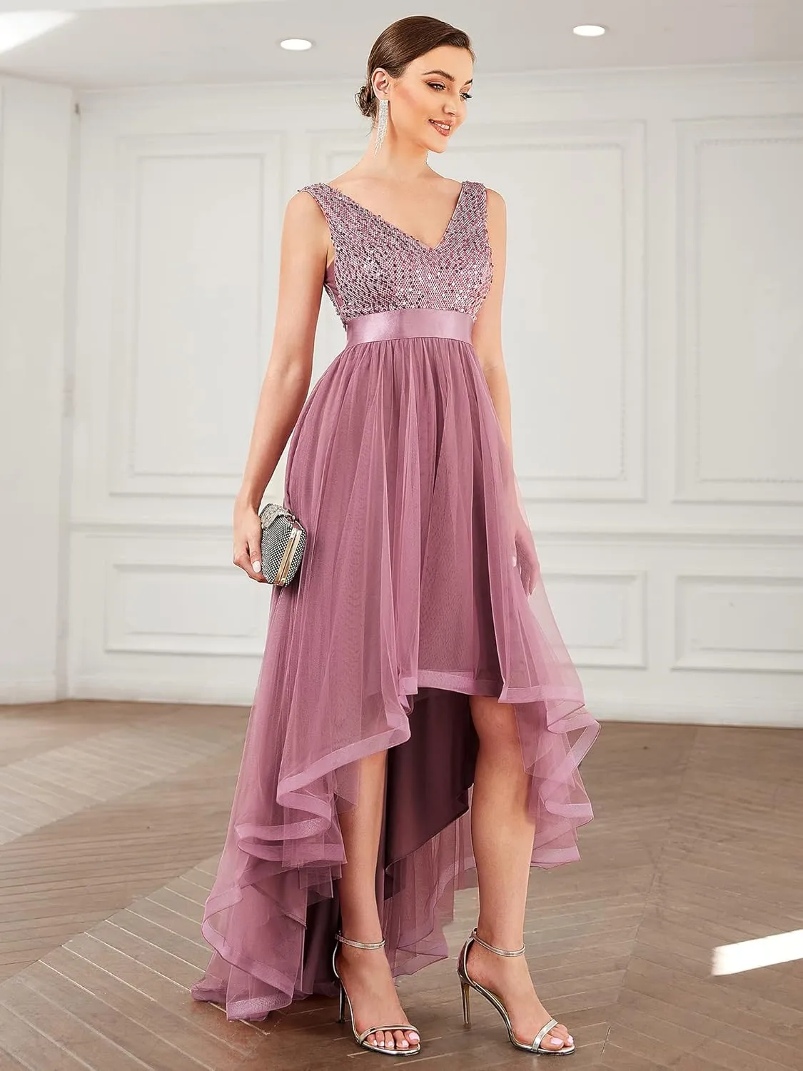 Ever-Pretty Women's Cocktail Dress Double V-Neck Sleeveless Empire Waist Sequin High Low Tulle Formal Dress 0147A